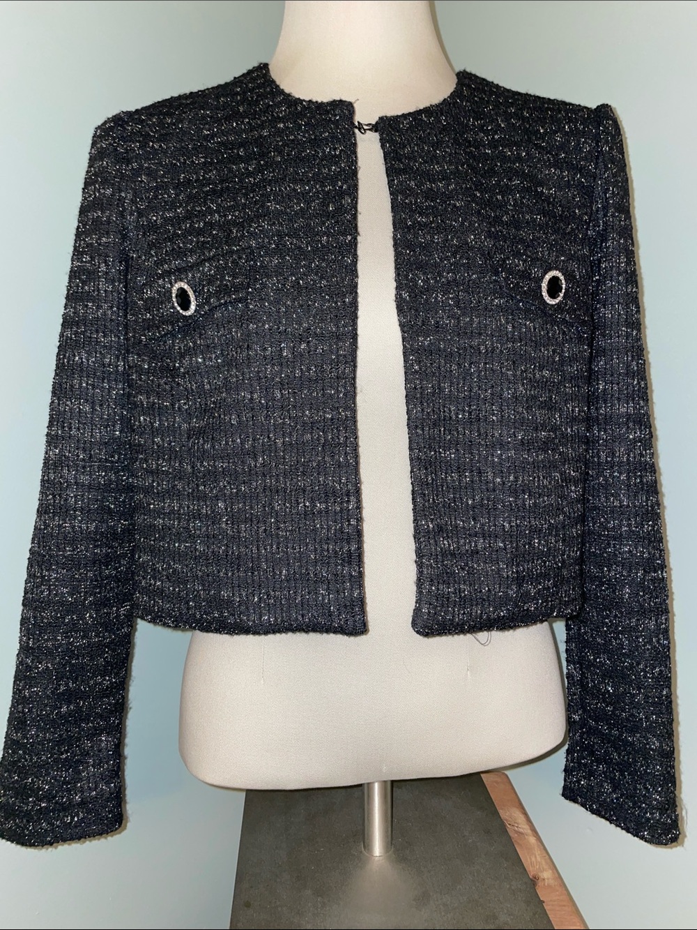 Taylor Black Metallic Tweed Short Sleeve Jacket Blazer Size 10